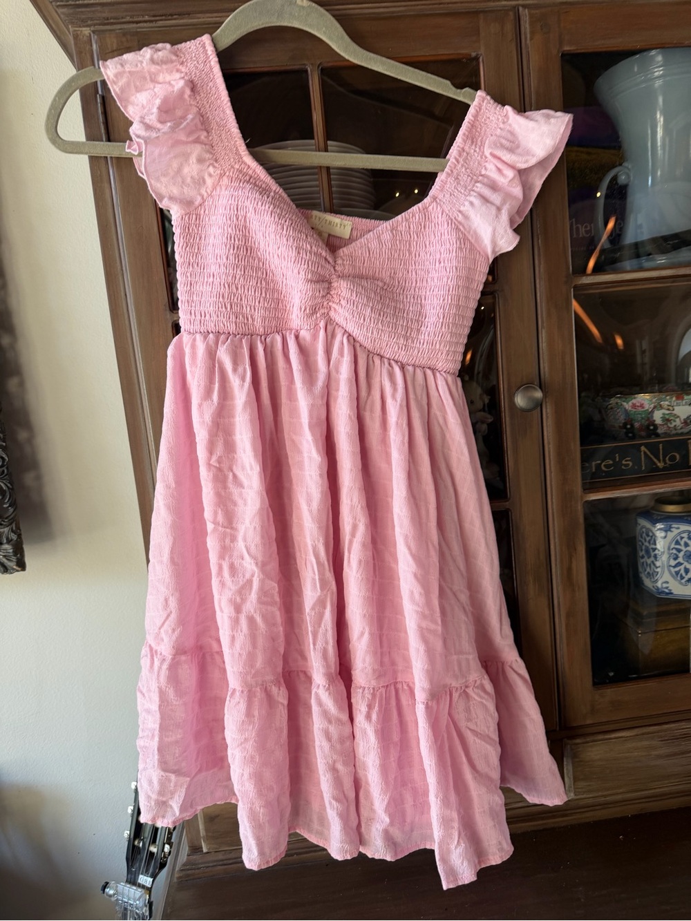 Smocked Pink Ruffle-Sleeve Mini Dress
